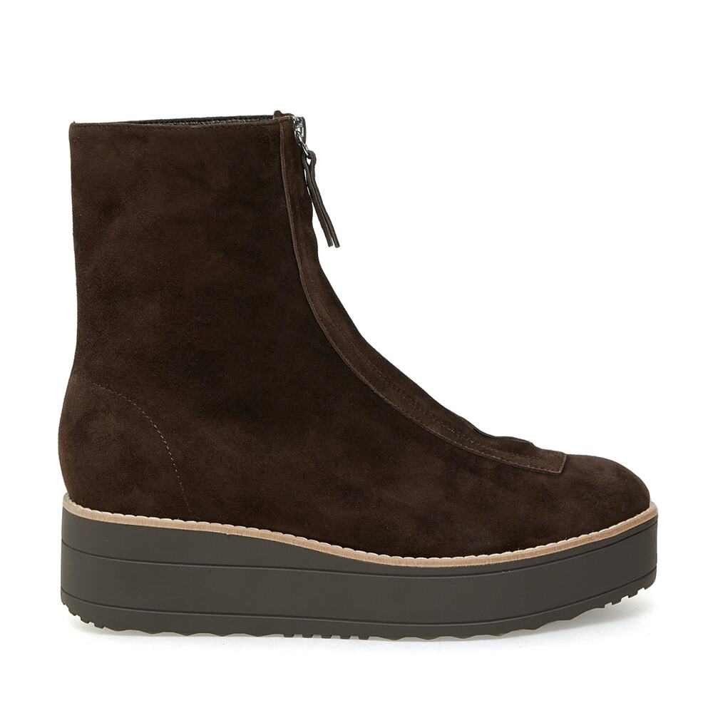 Silent D Nilly Women's 37 Brown Suede Front Zip Round Toe Ankle Platform Booties